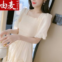 퍼프소매원피스 프렌치 스퀘어넥 여성의류 여름옷 2022 년 트렌드 러블리 슬림핏 시폰 롱 4806165415