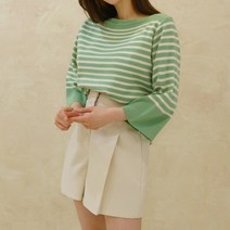 7부소매 스트라이프 보트넥 니트 여성 봄 티셔츠 루즈핏