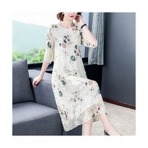 트위드원피스 결혼식하객원피스 봄 여름 천연 실크 미디 드레스 오피스 레이디 빈티지 화이트 프린트 런웨이 우아한 여성 파티