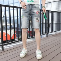연청반바지 여름 남성 슬림 스트레이트핏 일자 스타일리쉬 자수 핫픽스 오부바지 트렌드 캐쥬얼 얇은 4997982447