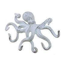 러스틱 화이트 워싱 주철 문어 후크 27.9cm(11인치) - 장식용 후크 - Sealife 금속 벽 후크