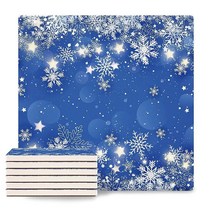 음료용 크리스마스 컵받침 6개 세트 흡수 사각 세라믹 스톤 코스터 코르크 베이스 머그 및 컵용 테이블 탑 보호 컵 매트 겨울 화이트 눈송이 아이스 크리스탈 판타지 블루 USA 미국