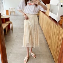 티데일리 데쉬 캉캉 레이스 롱 스커트 여성 자수 밴딩 치마