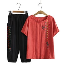 t셔츠 중년 엄마 여름옷 면 코튼 실크 수놓다 꽃 와이드 루즈핏 칠부바지 미드 노년 여성의류 얇은 2569049458
