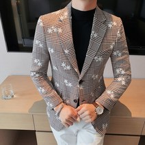 남성 체크무늬 스타 정장 원버튼 캐주얼 자켓 직장 4050