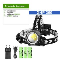 고휘도 손전등 써치라이트 휴대용 소형 가장 강력 XHP360 LED 헤드램프 충전식 USB 헤드라이트 고출력 18650 랜턴 아웃도어 캠핑 헤드 플래시라이트, XHP360C