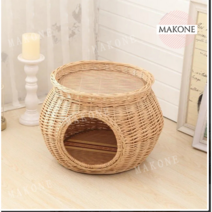 Makone 상표등록 강아지 고양이 숨숨집 라탄하우스, 브라운(쿠션+대자리)