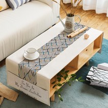 명품 식탁보 모던 미니멀 테이블보 코튼 린넨 Yinshang, 【보통면과 린넨】 70 × 180cm, 흰색 노란색 가장자리 블루 스트라이프 커피 테이블 천을 부어