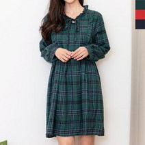 여자 넥리본 원피스 FREE 프릴 미니 체크패턴 오버핏