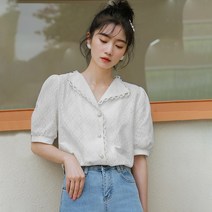 2022 여름 프렌치 퍼프 슬리브 여성 반팔 셔츠