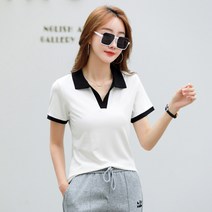 NEW 여성 문자 C 접은 옷깃 반팔 티셔츠 순면