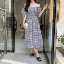 러는입 체크 스퀘어넥 반팔 롱원피스