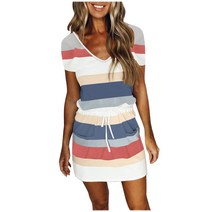 브랜드없음 v 넥 짧은 슬리브 붕대 줄무늬 인쇄 느슨한 드레스