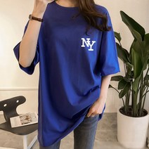 [오늘발송] 스타일아유 여성 반팔 티셔츠 NY 로고 오버핏 여자 반팔티 롱 티 노마진 루즈핏 박스 프린트[AXG6TS905A]