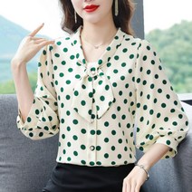 땡땡이블라우스 도트무늬블라우스 카라 그린 화이트 초록 나그랑 리본 루즈핏 벌룬 7부
