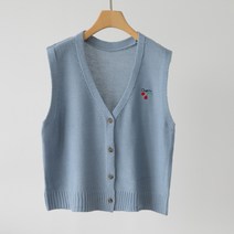 제니트 여성 기본핏 브이넥 데일리룩 체리 자수 포인트 니트 조끼 베스트 구달체리조끼
