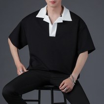 엘옴므 로미 배색 카라티 반팔 티셔츠
