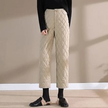 여성 융기모바지 밴딩 팬츠 융털 레깅스 Rimocy-캐주얼 하이 웨이스트 스트레이트 체크 무늬 패딩 퀼트 팬