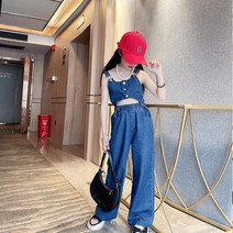 데님 민소매 긴바지 여아 주니어 상하복 트레이닝 세트 아이돌패션 댄스복 크롭 티셔츠 초등학생 키즈