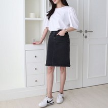 여성 캐주얼 앞트임 다크그레이 흑청 데님 미디스커트