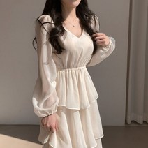 여성 봄 가을 우아한 V 넥 프릴 롱 레이스 원피스 긴팔 단색 데일리룩