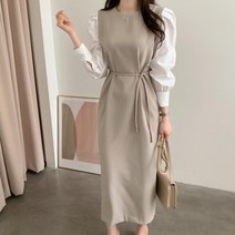 여자 데일리 하객룩 볼륨소매 H라인 배색 롱원피스