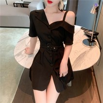 시크한 의 오프숄더 정장 스커트 여 허리라인 슬림 버튼 여름원피스 하객원피스 블라우스 여성 치마