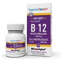 Superior Source 노 샷 비타민 B12 메틸코발라민 (1000 mcg) 메틸폴산염 B6 빠른 용해 설거지 정제 60, 한개옵션1, 한개옵션0