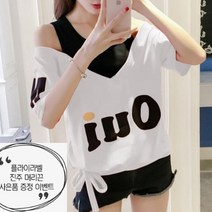 F655 아오이어깨트임 여성 여름 반팔 티셔츠 리본포인트 상큼 반소매 오프숄더 티