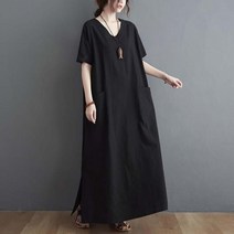 여름 문예 큰 사이즈 헐렁헐렁 단색 V넥 반팔 원피스 여성복 긴 치마
