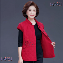 꽃무늬엄마조끼 주빔 핑크 그린 면 따뜻한 할머니 겨울옷 꽃무늬 자수 하이넥 반팔 플라워버튼