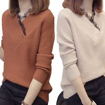 엘레스 여성스웨터 베이지+브라운 2장 루즈핏 여성니트 스웨터 니트 브이넥