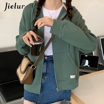 jielur 가을 세련된 집업 후드 여성 캐주얼 스트리트 느슨한 얇은 파란색 회색 살구 운동복 주머니 후드 여성 카디건