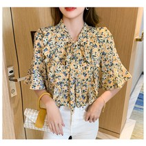 스칼랩 플라워 프린트 쉬폰 블라우스