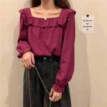 여성용 프릴 스퀘어넥 긴팔 블라우스 하늘비즈 A31 S410A774