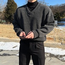 (1 1)남자 제인드 브이넥 오버핏 니트 긴팔 스웨터 티셔츠 옷 가을 겨울 간절기 옷 코디