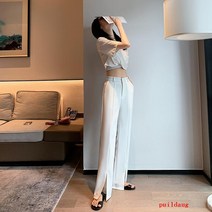화이트 팬츠 봄 하이 허리 캐주얼 정장 바지 여성용 스트레이트 느슨한 드롭 스플릿 와이드 레그 팬츠