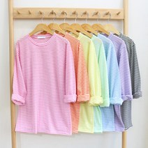 헤이뽀 / 1+1 쿨 루즈핏 여름 린넨 긴팔 스트라이프 티셔츠