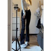 Xi Nan 하이 스트리트 소녀 붕대 디자인 마이크로 블레이드 청바지 여성 봄과 가을 새로운 핫 걸 하이 웨이스트 슬림 피트 슬림 걸레 바지 블랙 수량 S