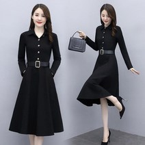 Momolatti 기모 모던 벨티드 셔츠카라 미디엄 롱 A라인 원피스