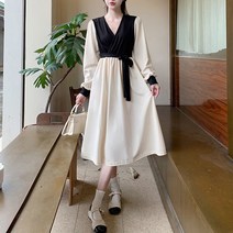 블링앤수 여성 브이넥 리본 롱 원피스 KZZ345