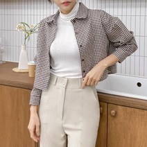 옷자락 여자 가을 카라넥 체크 크롭 숏 남방 셔츠