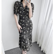 브이넥 셔링 플라워 패턴 하객룩 꽃무늬 롱원피스 3컬러