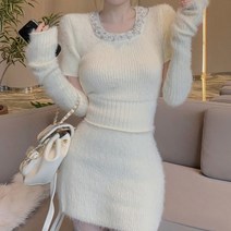 디작소 여성 앙고라 워머 니트 미니 스커트 투피스