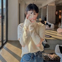 워너비뮤즈 / 울 핸드 워머 니트 세트 트임 반팔 니트티 라운드넥