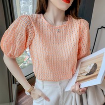 반팔 쉬폰 체크 퍼프 블라우스 여름 봄 티셔츠
