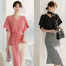 시크라인 브이넥 가오리 소매 사이드 슬릿 허리 벨트 셋트 블라우스