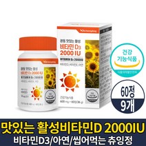 맛있는 활성 비타민D 2000IU 비타민 D3 디 디쓰리 씹어먹는 츄잉 정 영양제 골다공증 발생 위험 감소 도움 건강기능식품, 9개, 60정