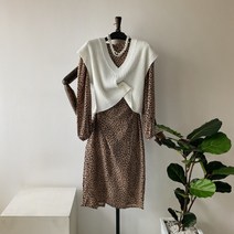 여성 호피 레오파드 쉬폰 셔링 루즈핏 롱 원피스 2컬러
