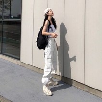 카고 팬츠 화이트 바지 여성 블랙 포켓
